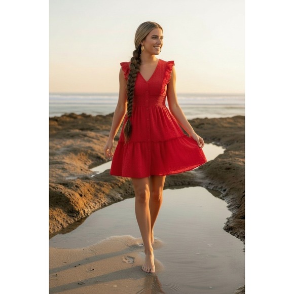 SHEIN Dresses & Skirts - Red Eyelet V Neck Smocked Waist Mini‎ Dress Size L fairycore